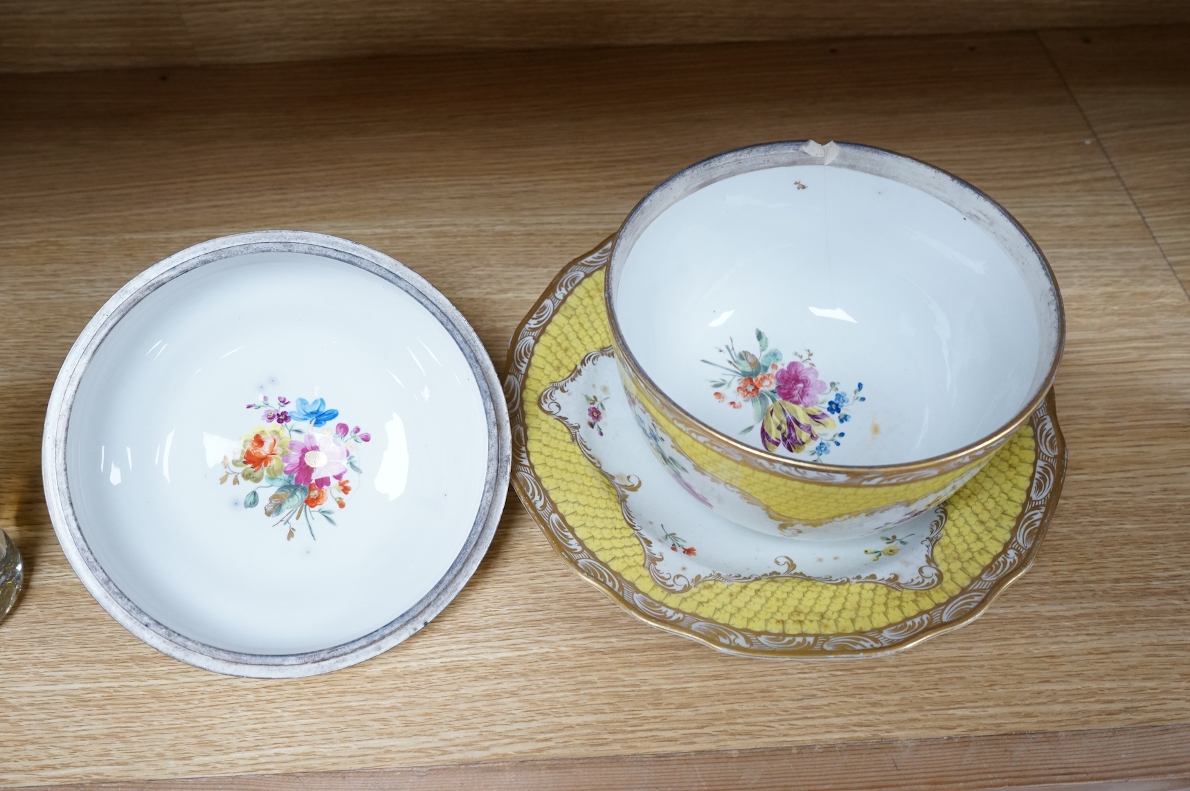 A late 18th century Vienna porcelain ecuelle, cover and stand, hand painted with flowers, 24cm in diameter